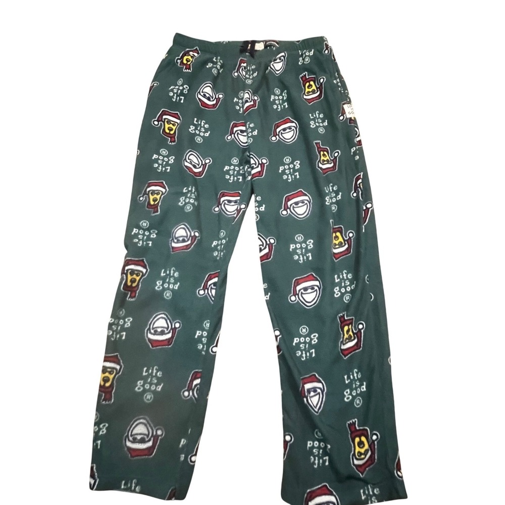 Life is Good Womens Fleece Pajama Pants Green Holiday Santa Jake Rocket Large